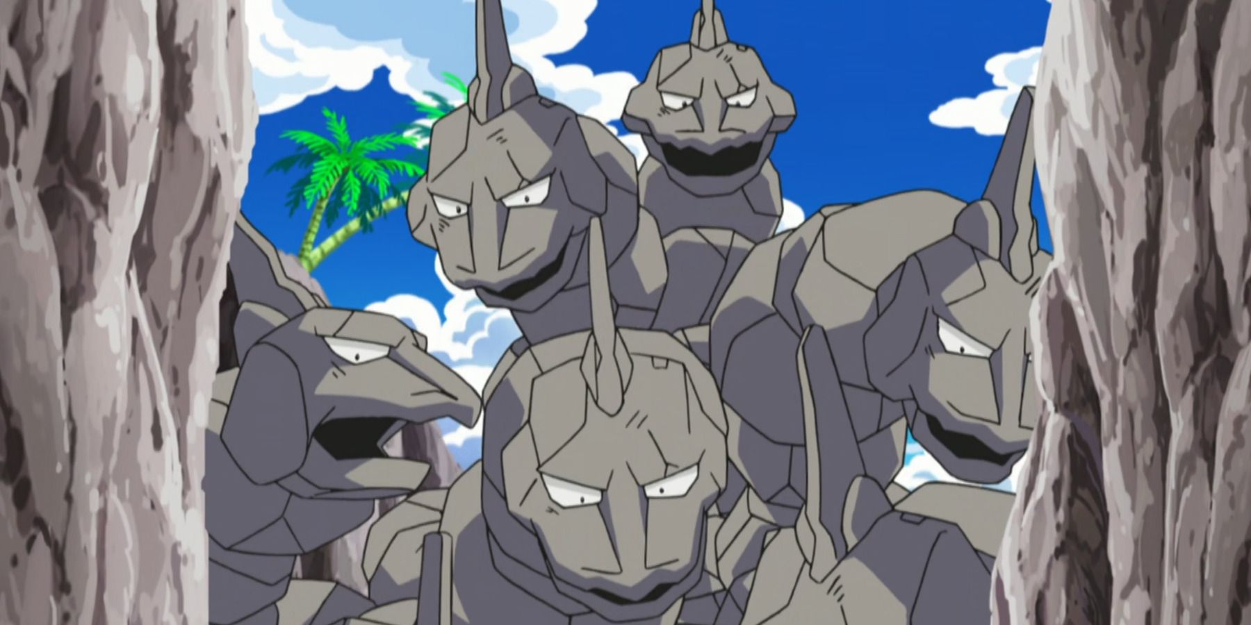 Several Onix looking into a crevice in the Pokemon anime