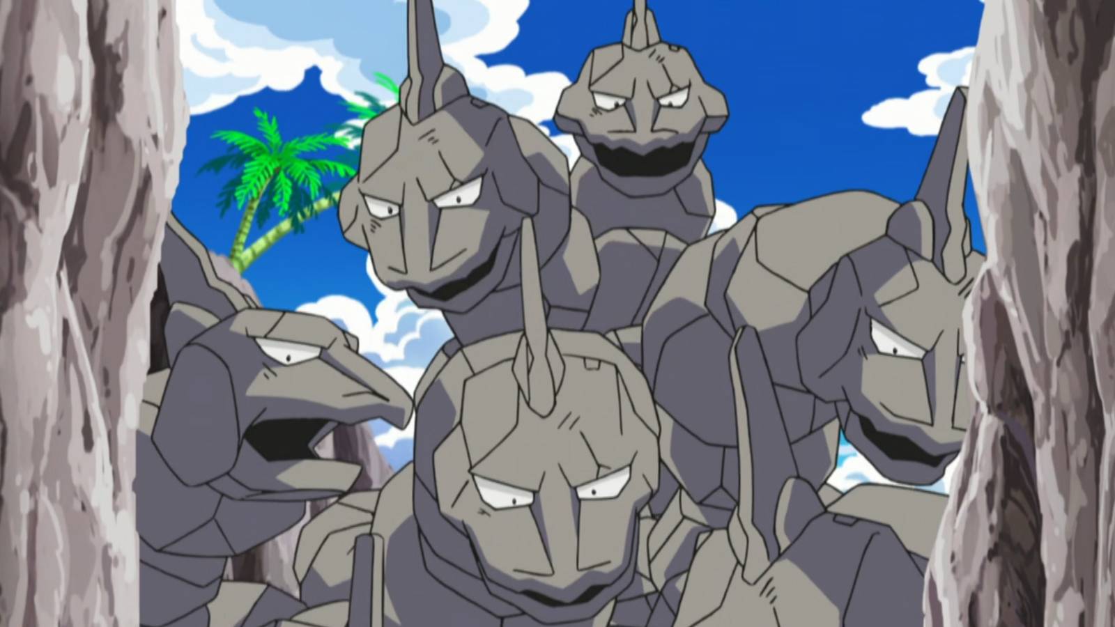 Several Onix looking into a crevice in the Pokemon anime