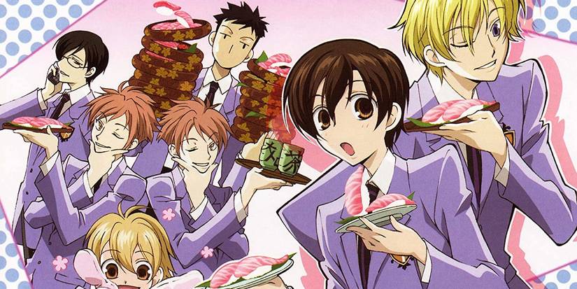 Haruhi, Tamaki, and Ouran Host Club holding sushi