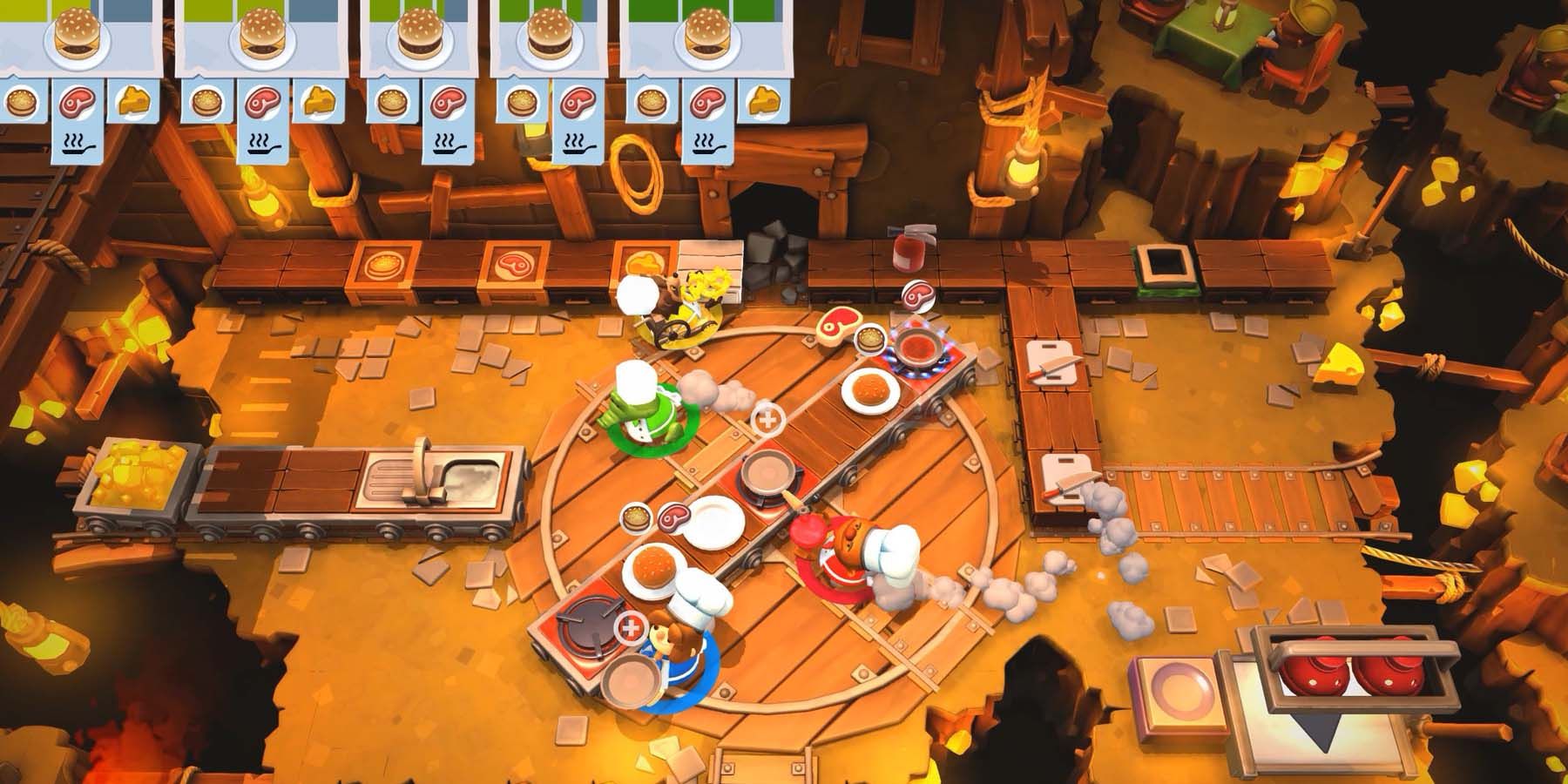 Overcooked! 2 multiplayer in mine level with circular rotating tables