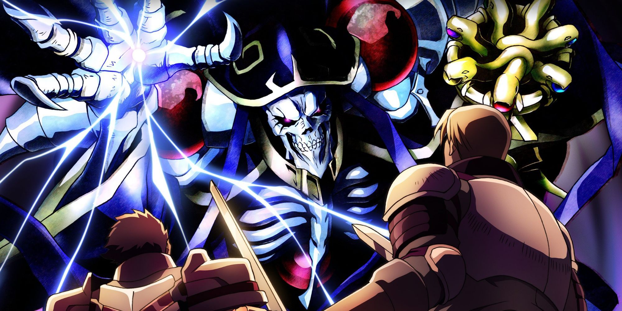 Suzuki from Overlord reaching towards knights with lightning in his hand