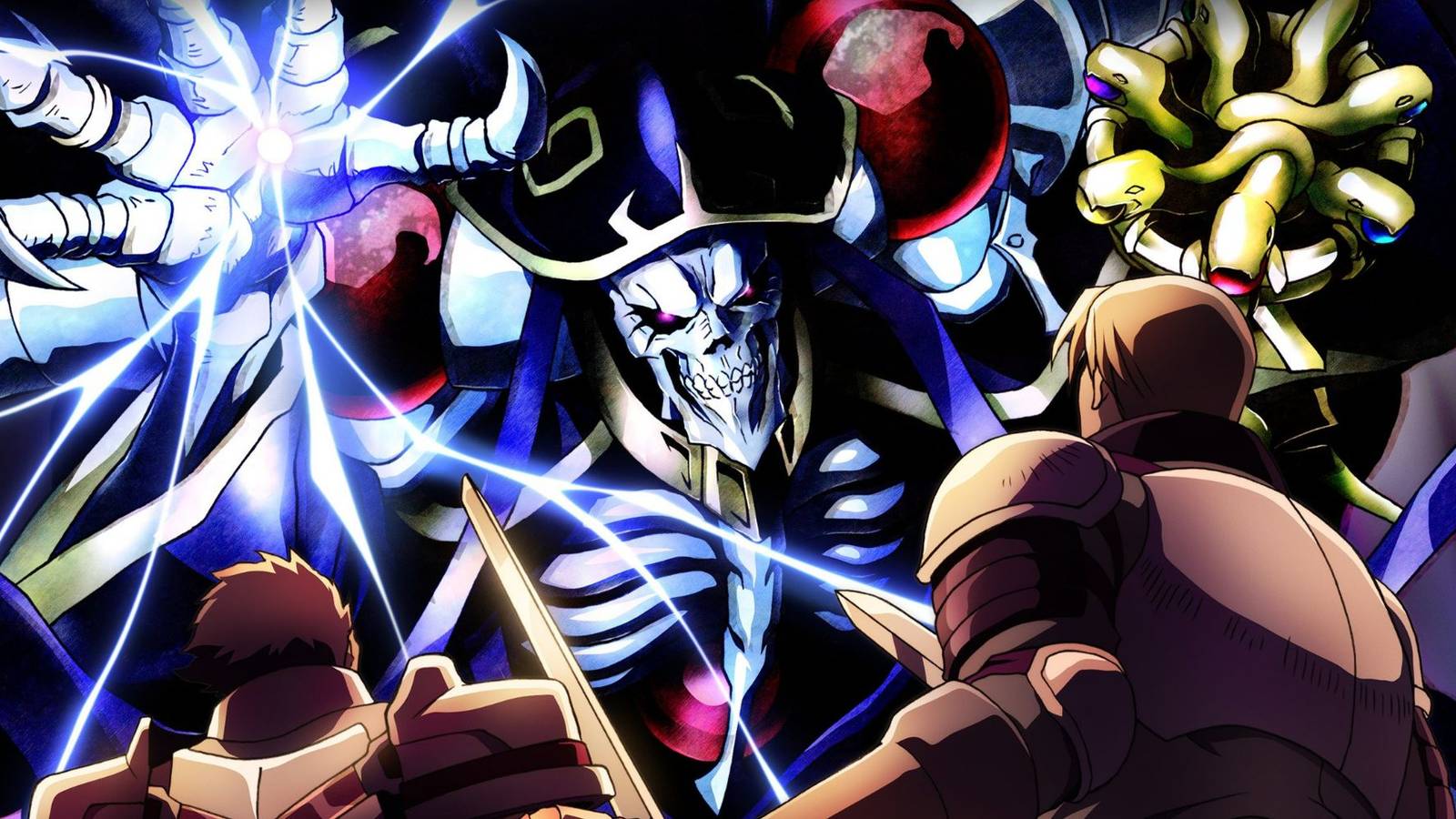 Suzuki from Overlord reaching towards knights with lightning in his hand
