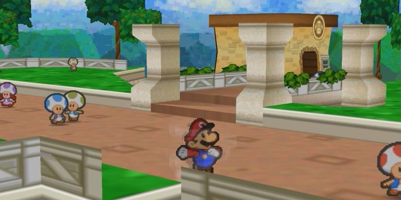 Mario jogging through town with Toads in Paper Mario 64 