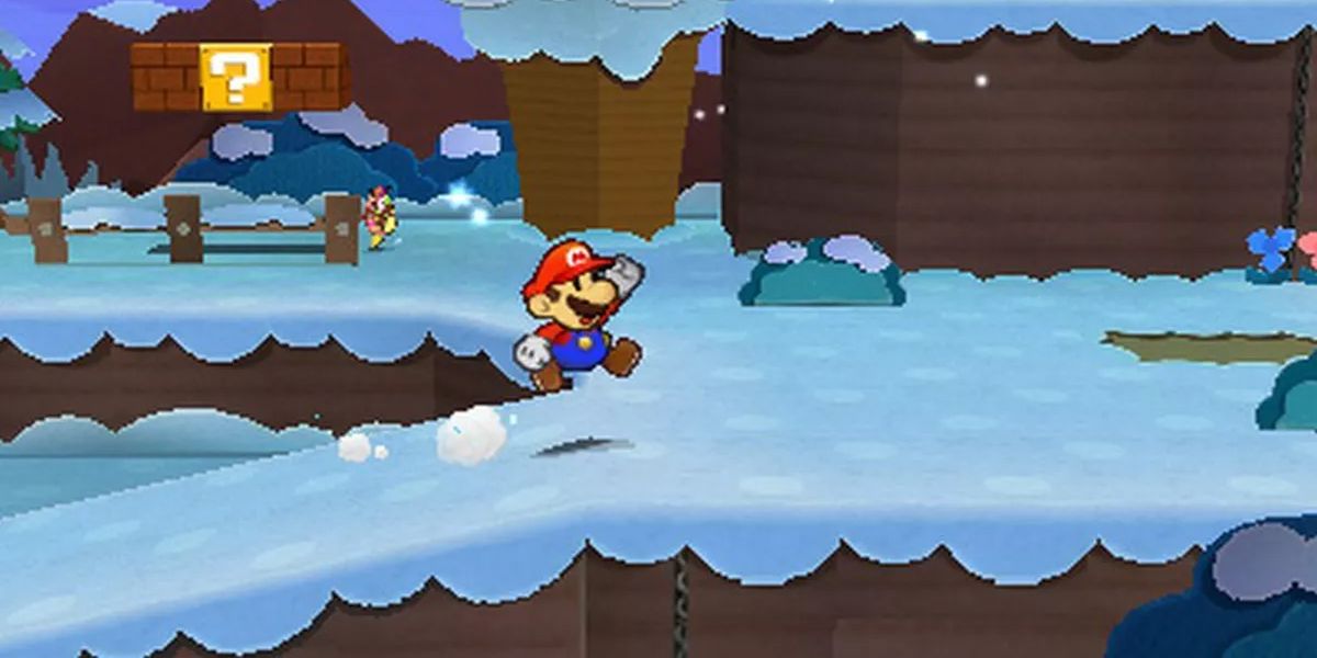Paper Mario Sticker Star Mario jumping on snowy path