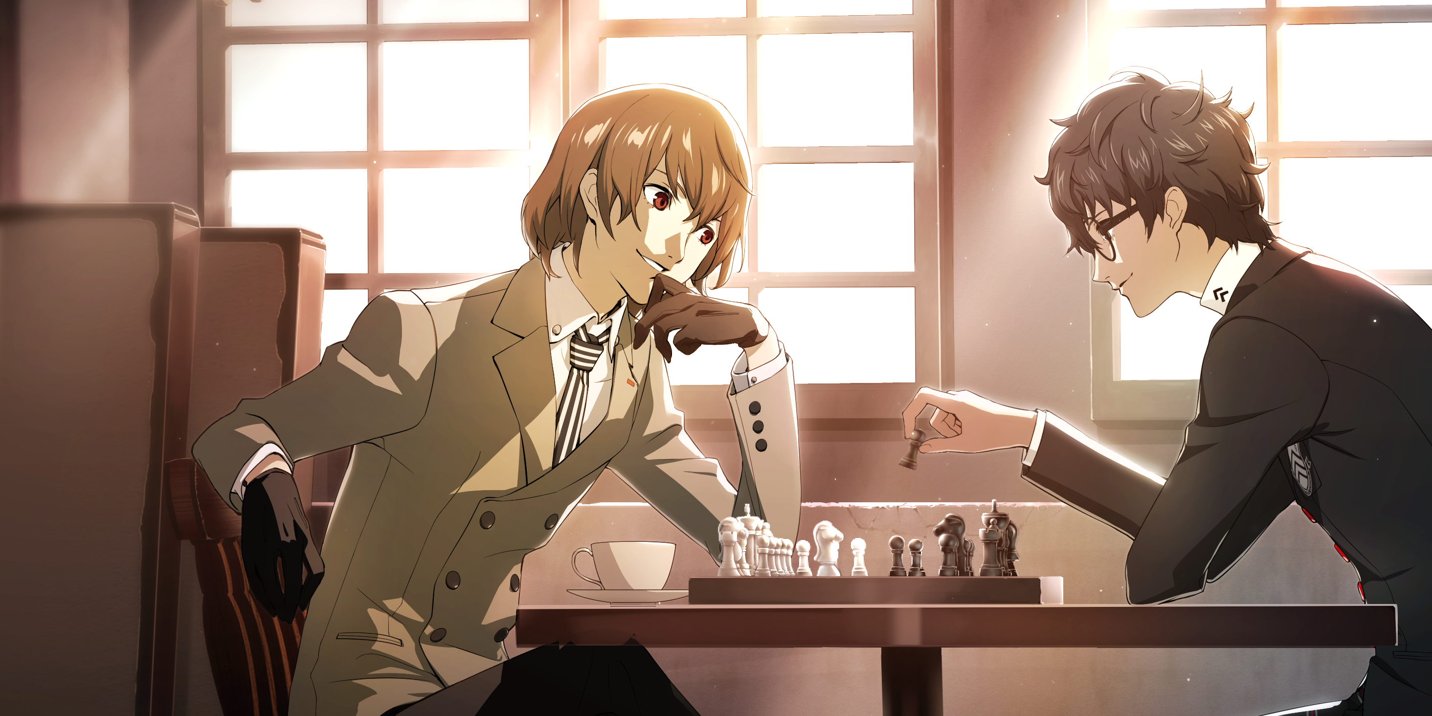 Persona 5 Akechi and Joker sitting together playing chess