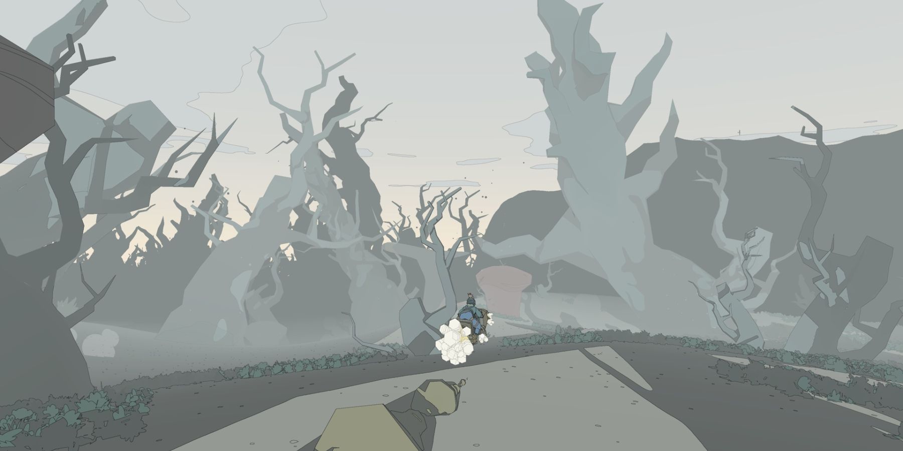 Sable driving jetbike through a foggy forest of dead-looking trees