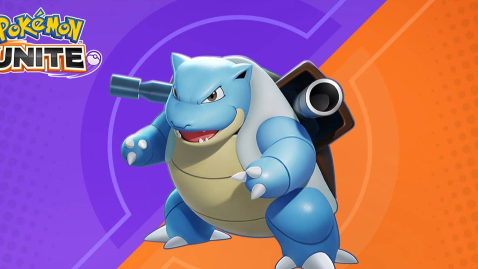 Pokemon Unite Blastoise defender on official purple and orange promo art