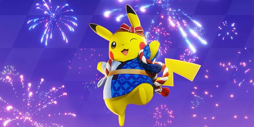 Pokemon Unite free style cosmetic pikachu and fireworks background