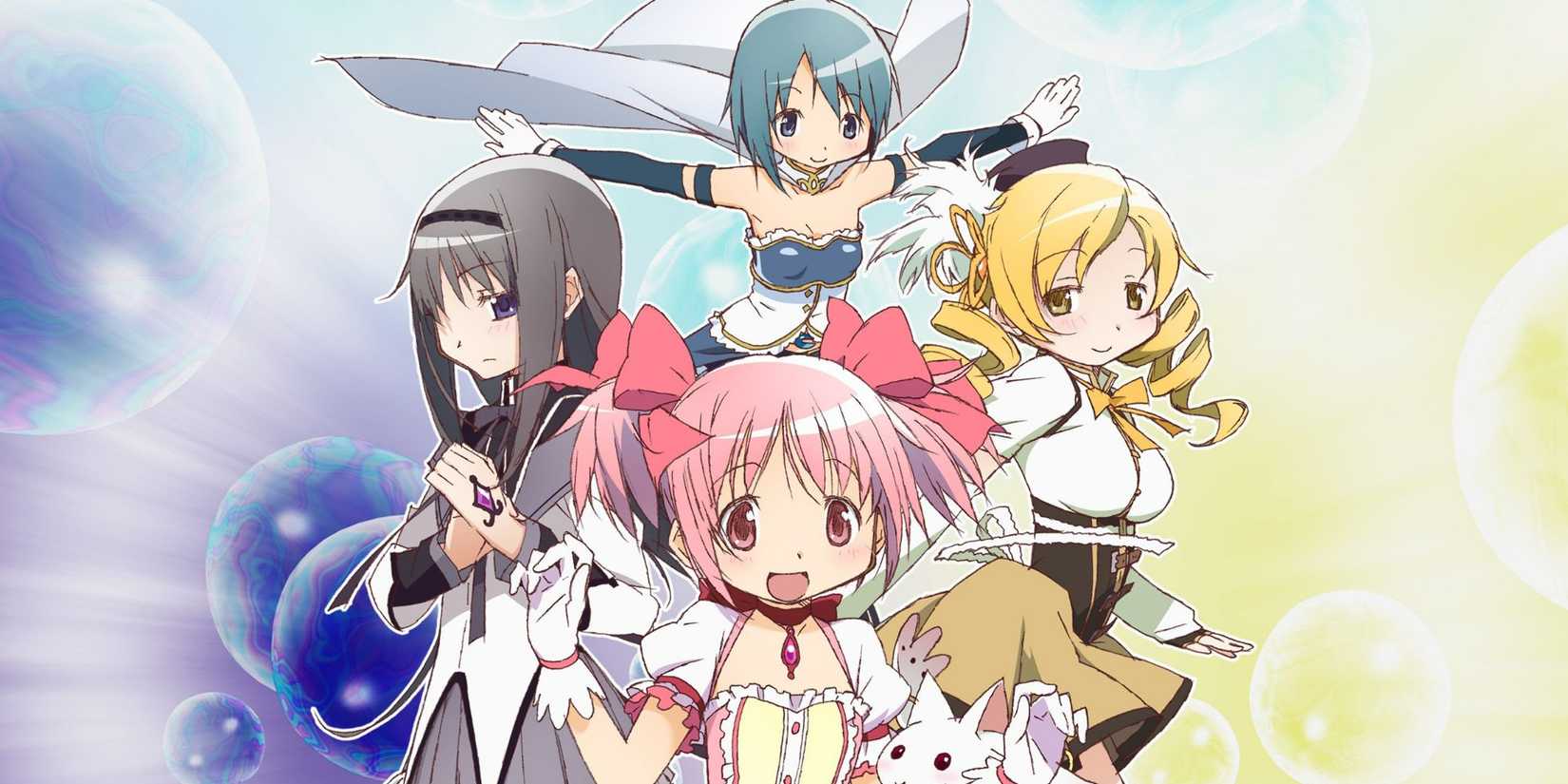 Madoka, Homura, Mami, and Sayaka and Kyubey from Puella Magi Madoka Magica