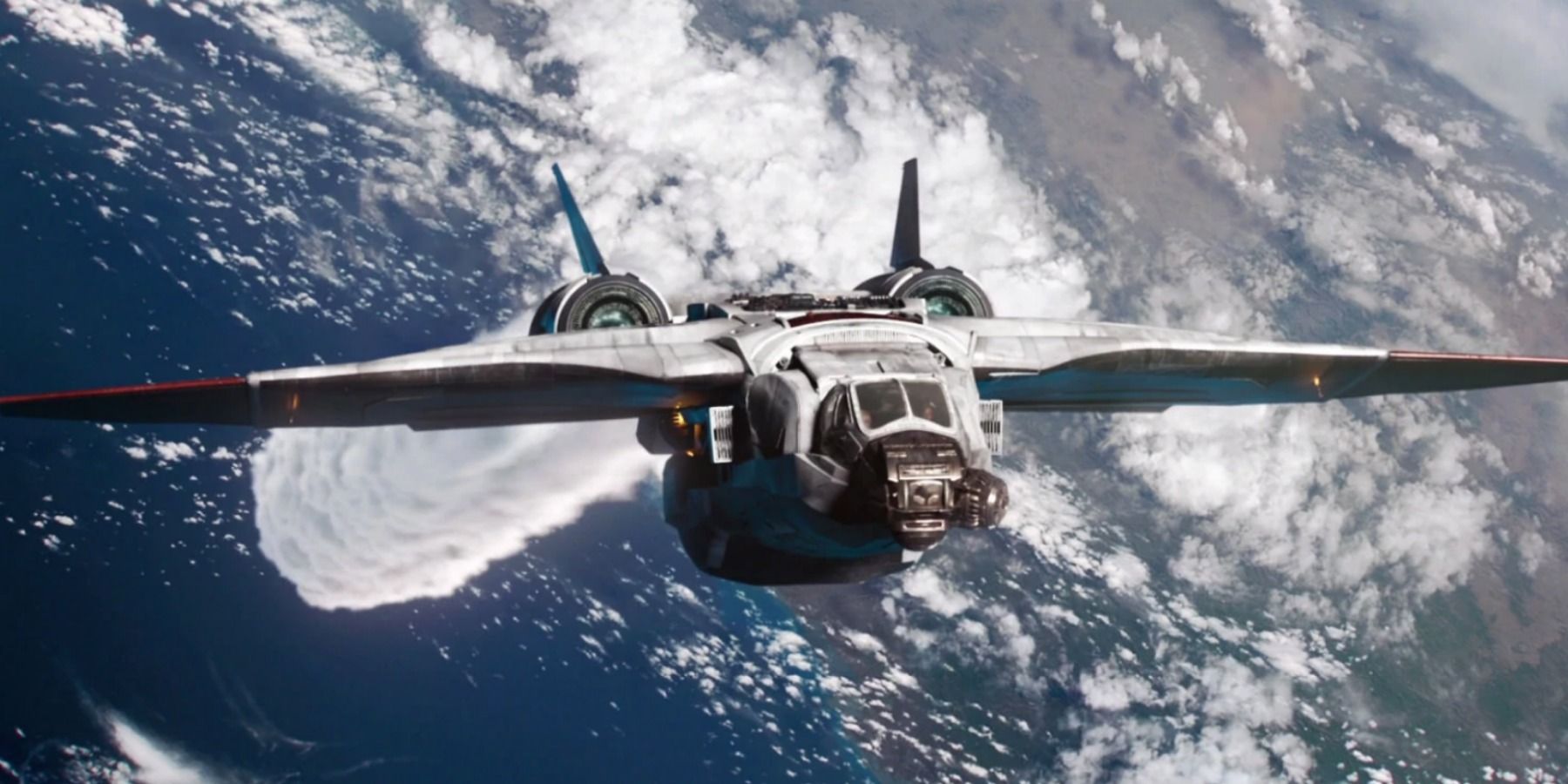 A quadjet flies above Earth in Captain Marvel
