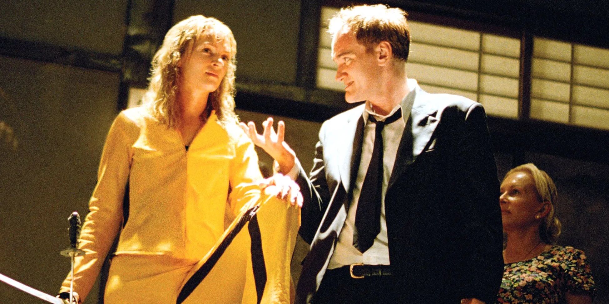 Quentin Tarantino and Uma Thurman on the set of Kill Bill
