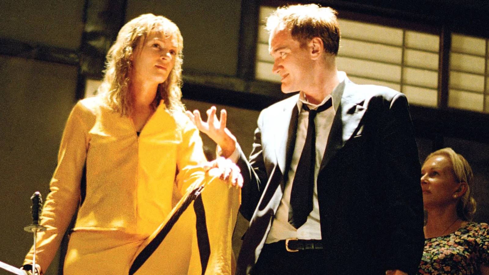 Quentin Tarantino and Uma Thurman on the set of Kill Bill