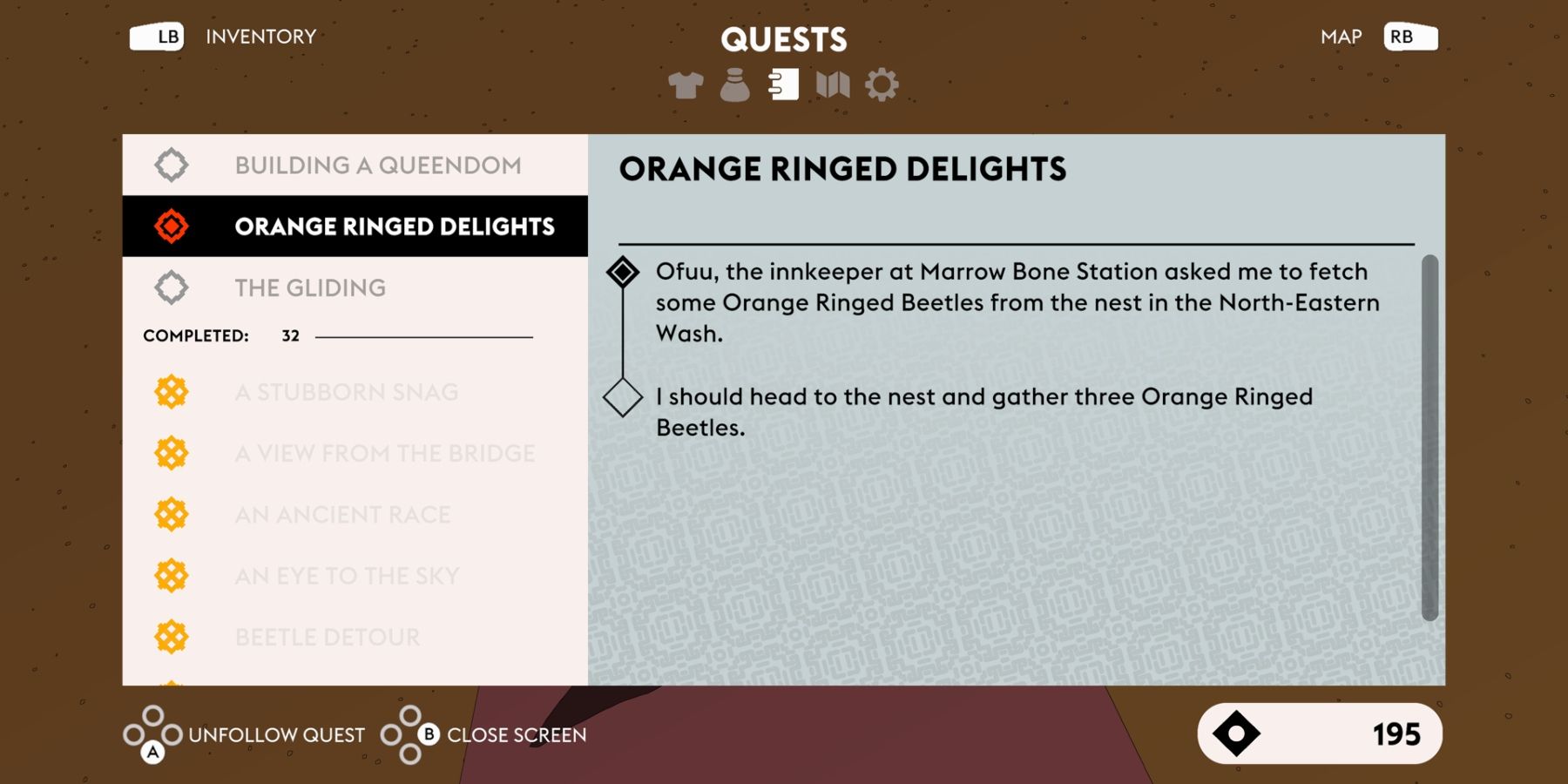 In game quest menu, on the quest Orange Ringed Delights from Sable
