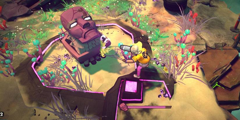 RAD Game approaching purple glowing temple in wilderness