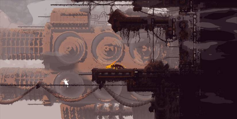 Slugcat walking across a tightrope while pursued by a monster in Rain World