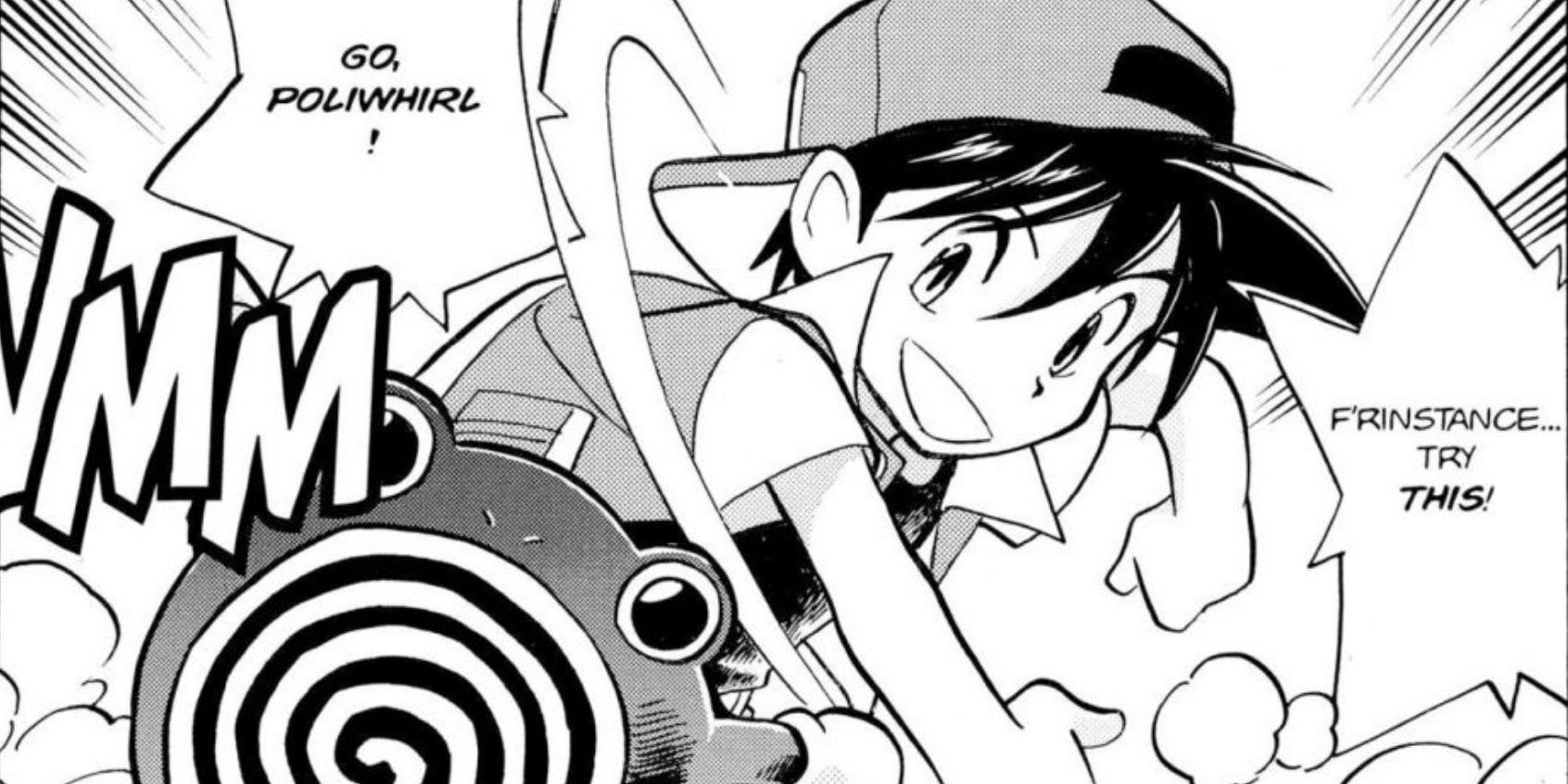 Pokemon Adventures Red bringing out Poliwhirl for a battle