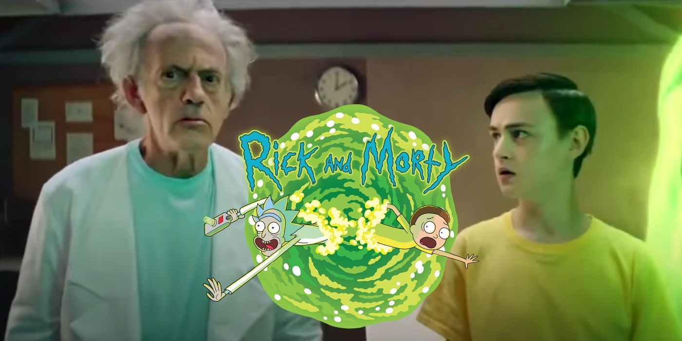 Кристофер Ллойд и Джейден Мартелл в роли Рика и Морти в реальном времени стоят у портала в лабораторию Рика.