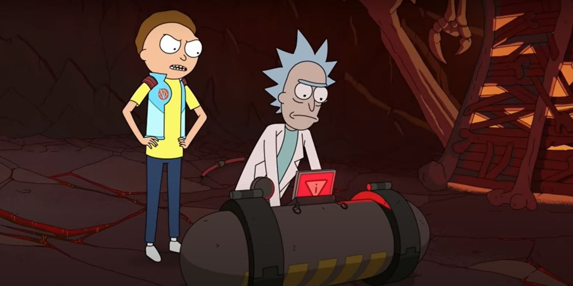 Rick deactivates a neutrino bomb while Morty looks on in Rick and Morty