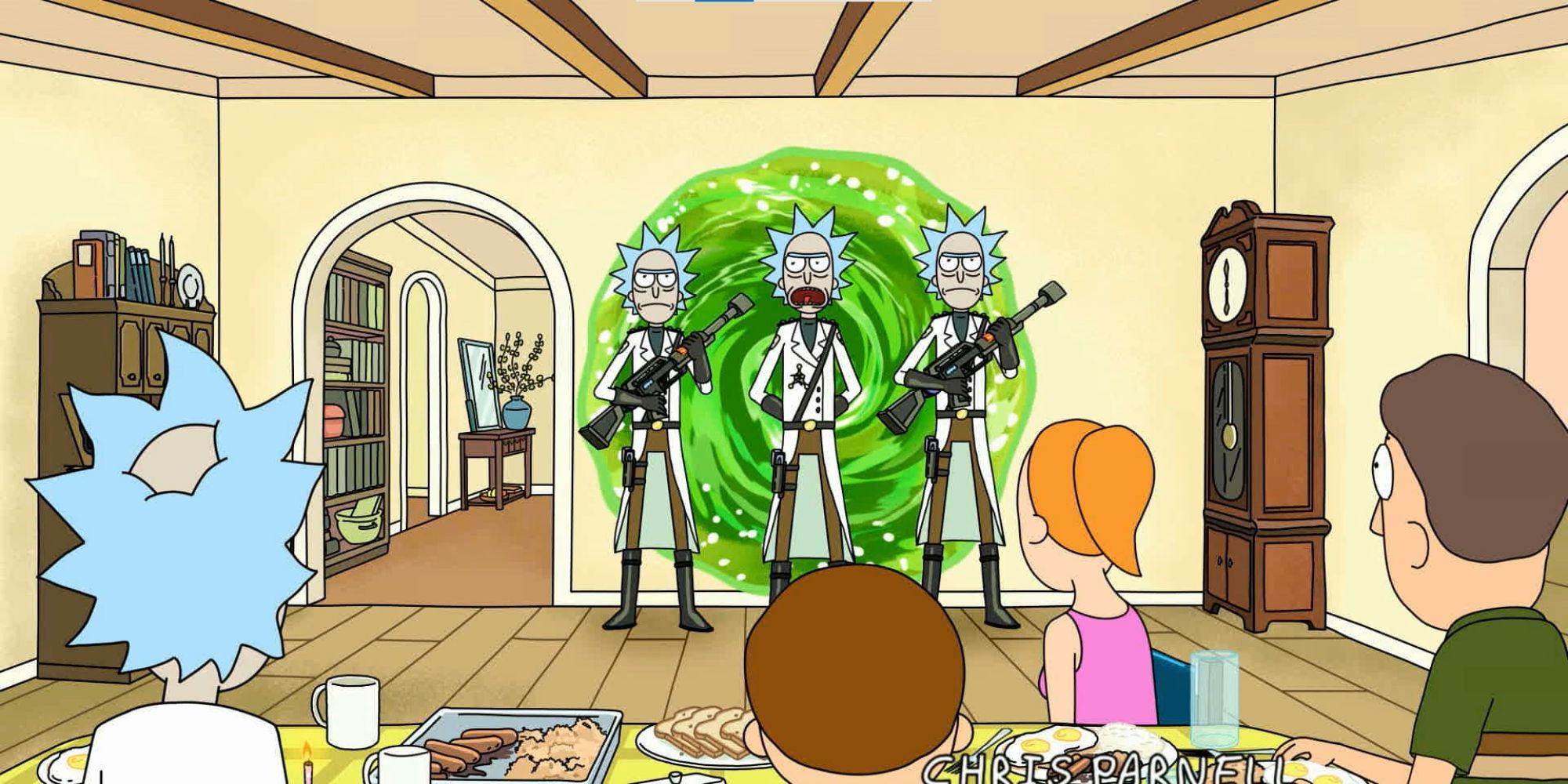 Three armed Ricks step through a portal into the family's house in Rick and Morty