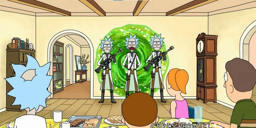 Three armed Ricks step through a portal into the family's house in Rick and Morty