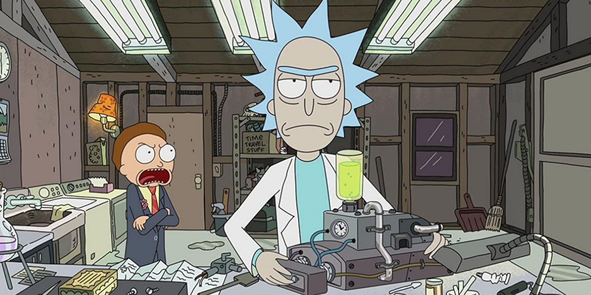 Rick works on a device in the garage while Morty yells at him in Rick and Morty