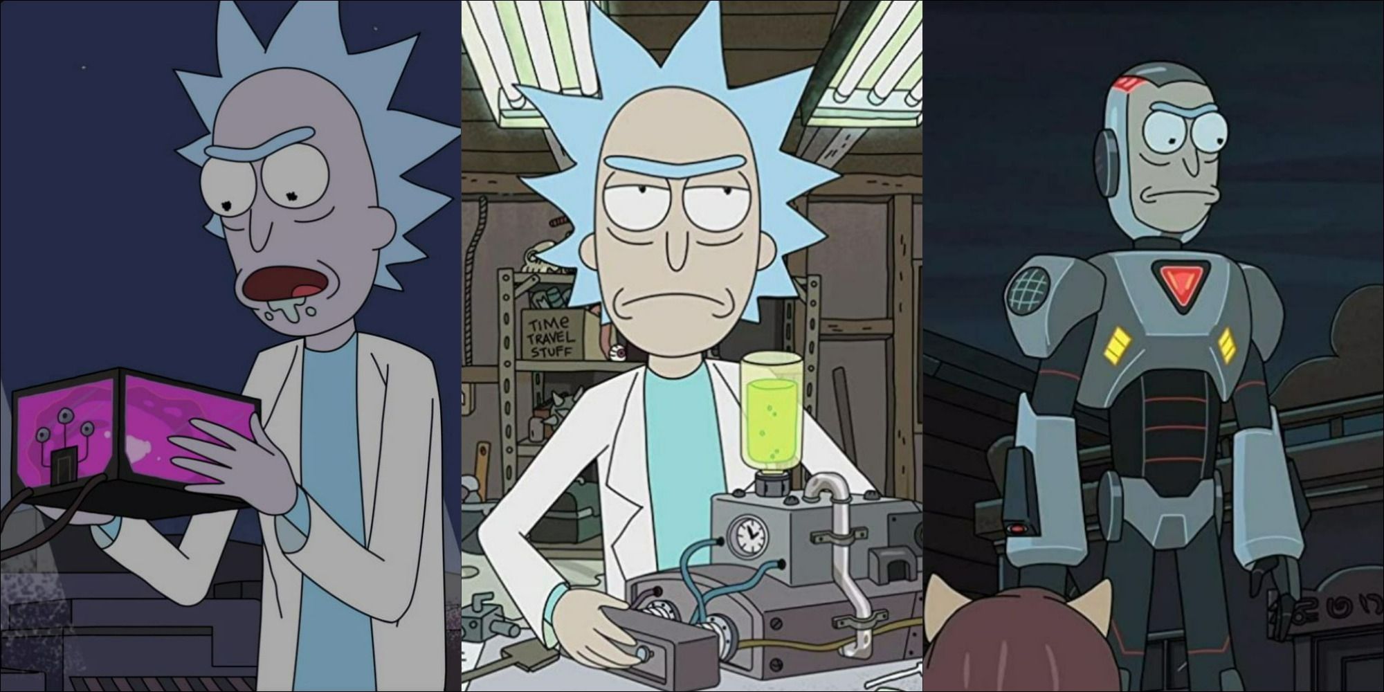 Rick with three lethal inventions in Rick and Morty