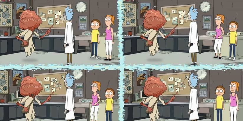 Rick, Morty, Summer, and a time cop in four parallel realities in Rick and Morty