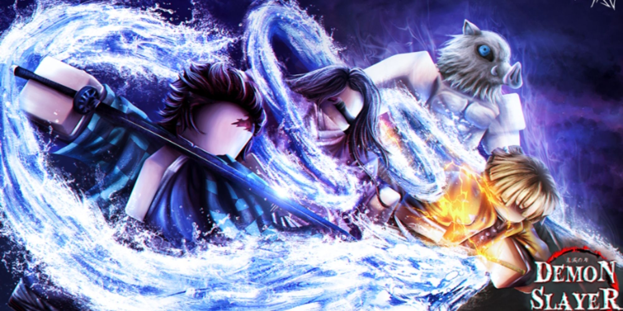 Characters engulfed in a stream of ice with a blue vector background, official image of Roblox game Demon Slayer RPG 2.