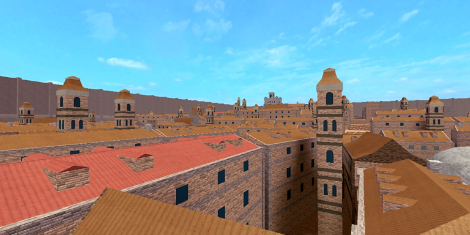 Still image of a city's terraced houses from Roblox game Downfall Sandbox.