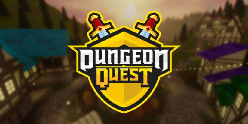 Roblox Dungeon Quest Logo in front of a blurred terrain background.