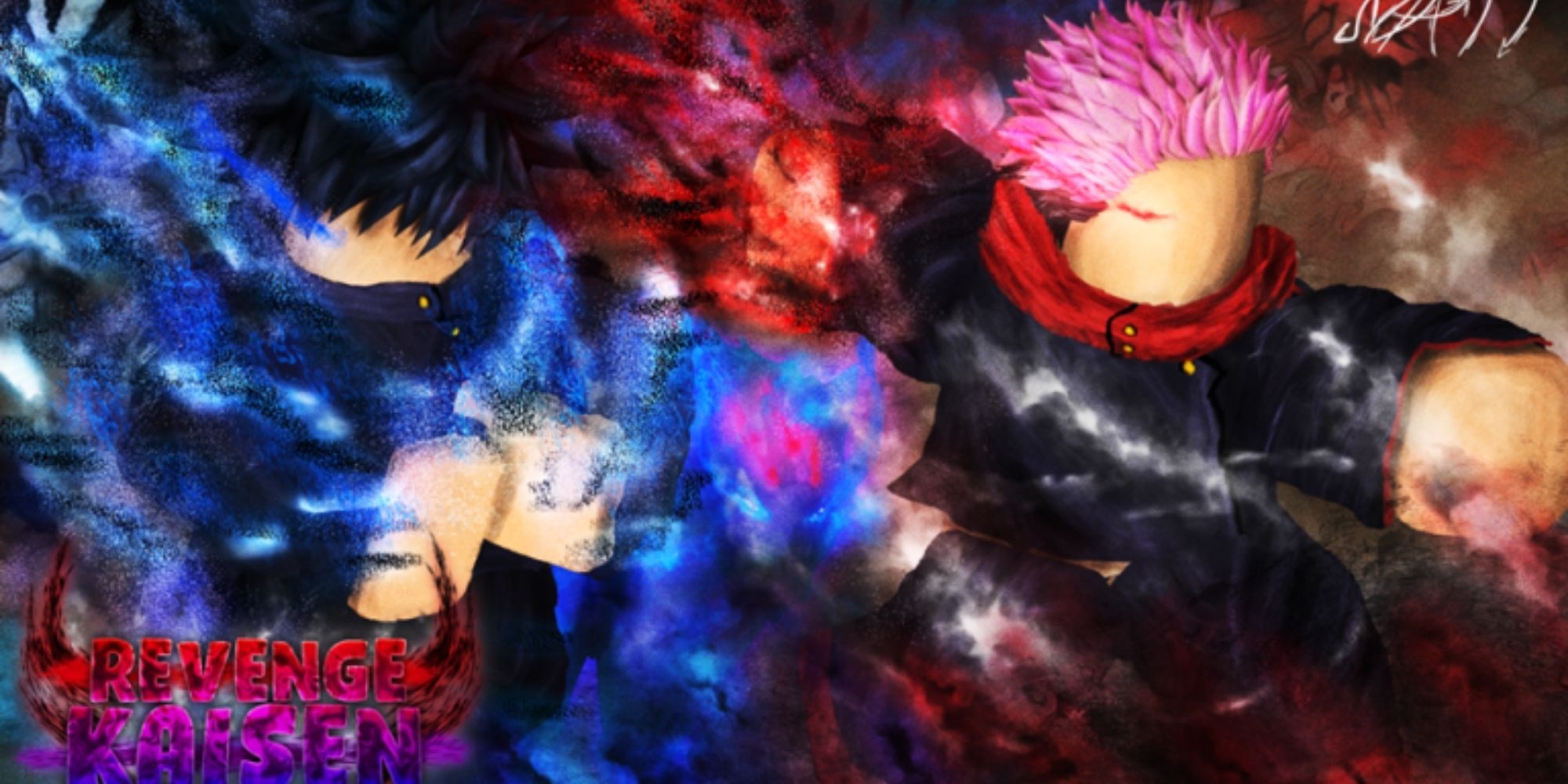 Two anime characters from Roblox Revenge Kaisen enveloped in blue and red mist.