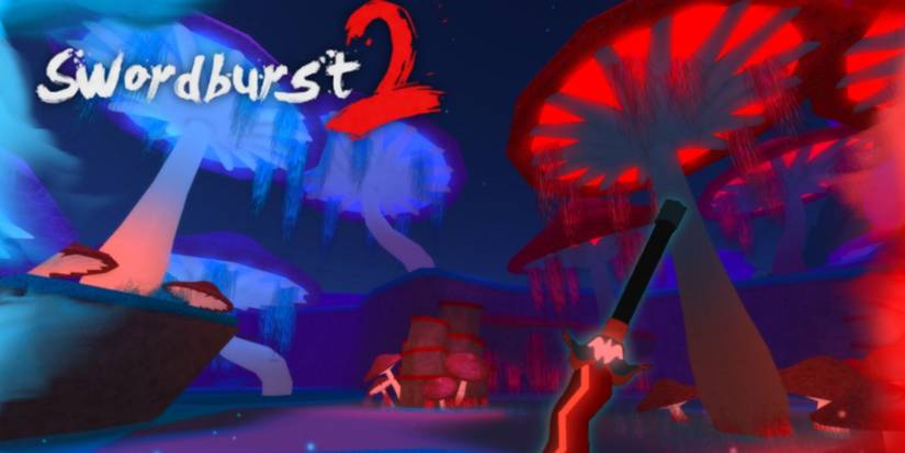 A sword suspended in air with a red and blue terrain behind it, from Roblox game Swordburst 2.