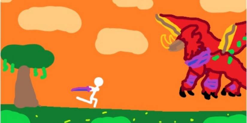 A character from Roblox game Terraria RPG running with a sword to fight a dragon.