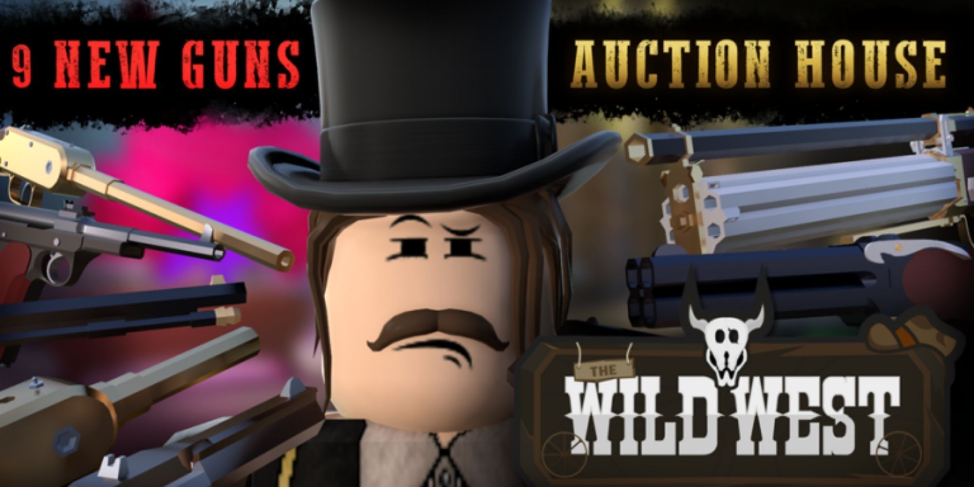 A cowboy from Roblox game The Wild West frowning with a dozen gun barrels pointing at him.