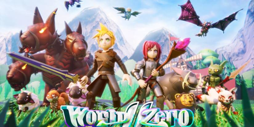 A swordsman and mage standing by side with an assortment of winged beasts behind them on Roblox game World // Zero. 