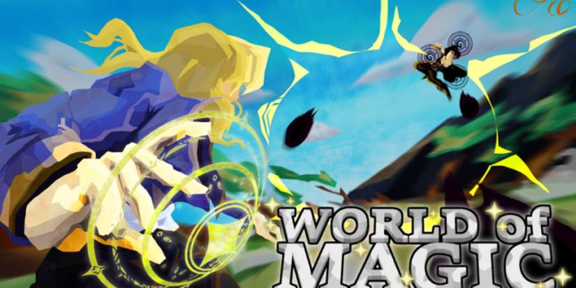Two magicians fighting airborne in Roblox game of World of Magic.