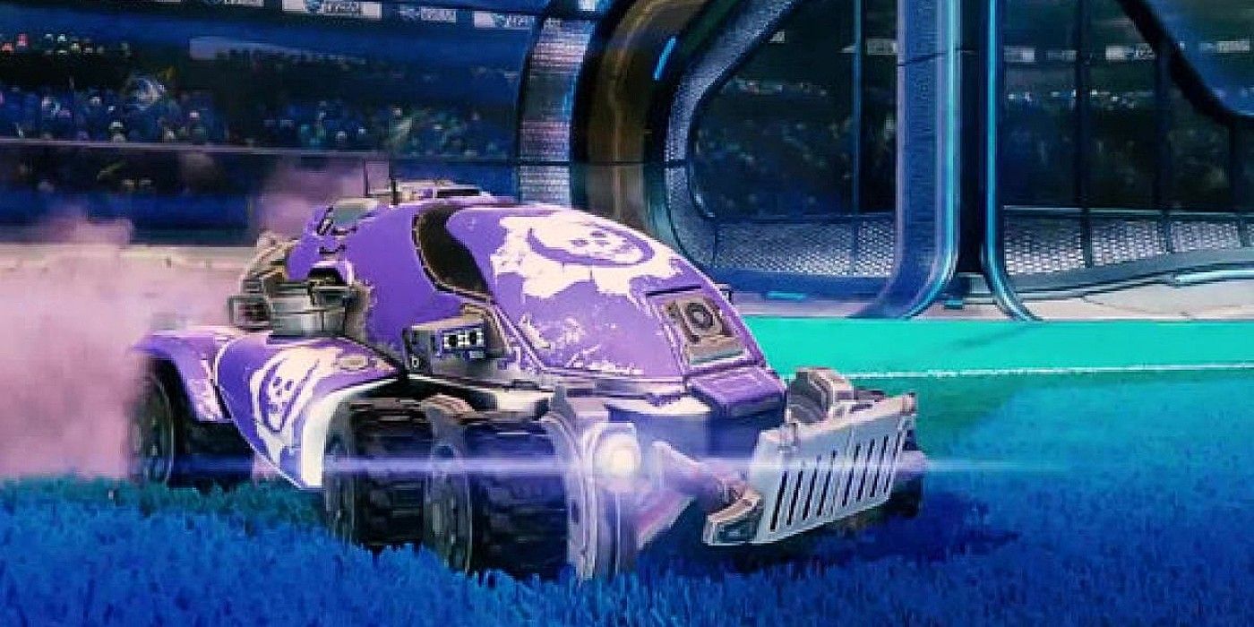 Rocket League Gears of War Armadillo car flinging dust as it turns on grassy arena
