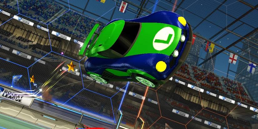 Rocket League Luigi NSR flying through air at night
