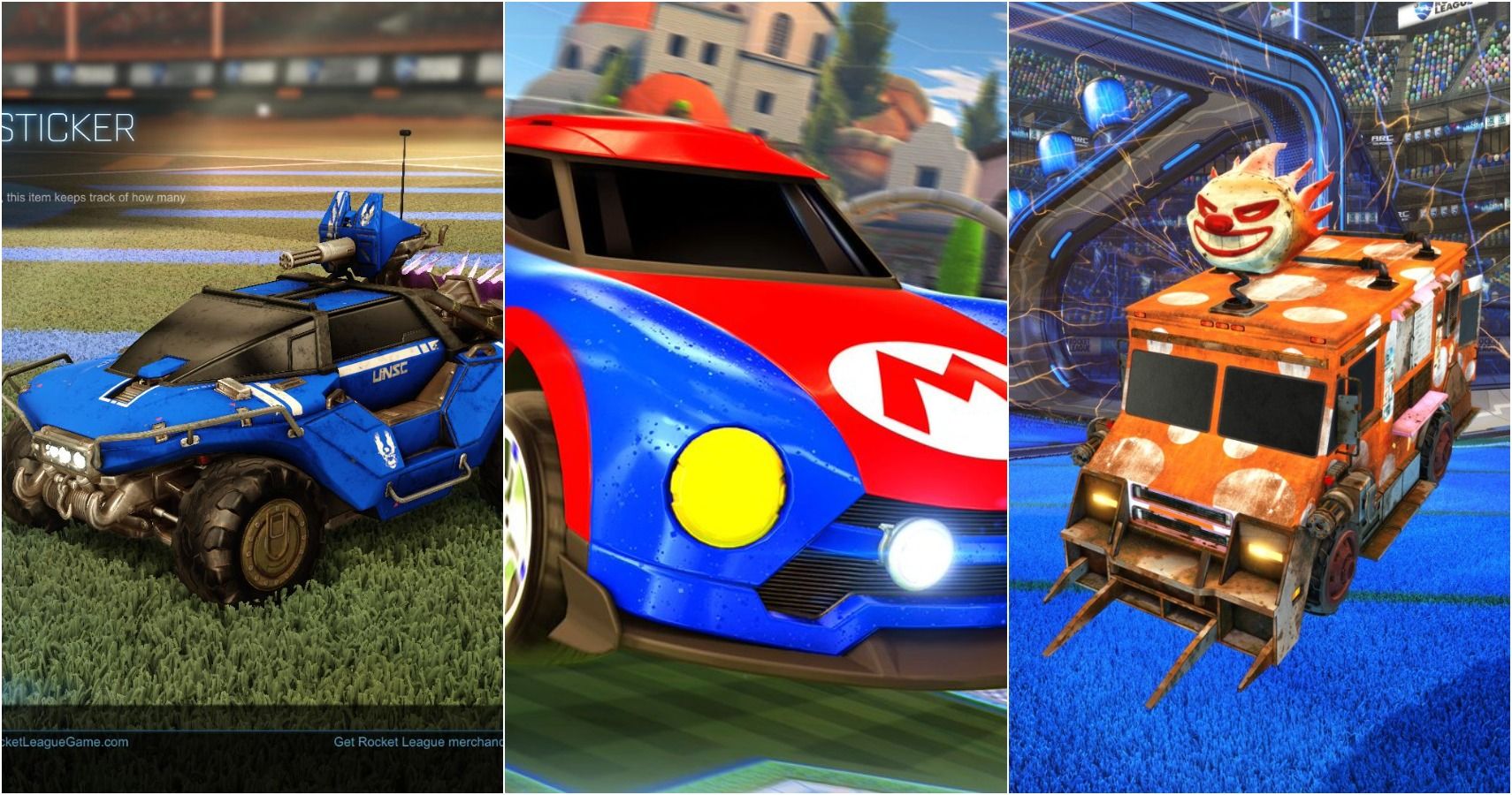 split image of Hogsticker, Mario NSR, and Sweet Tooth cars in Rocket League