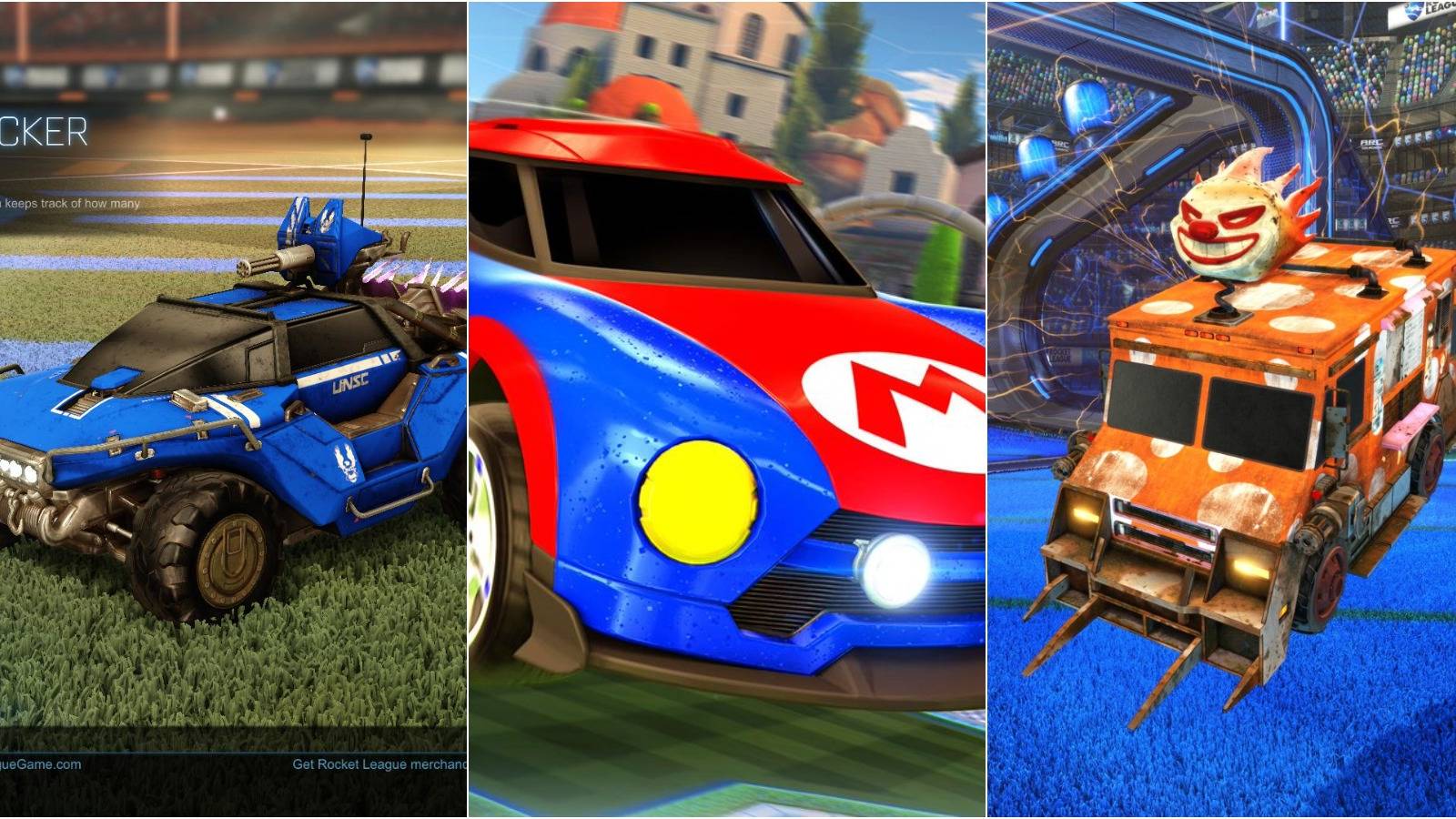 split image of Hogsticker, Mario NSR, and Sweet Tooth cars in Rocket League