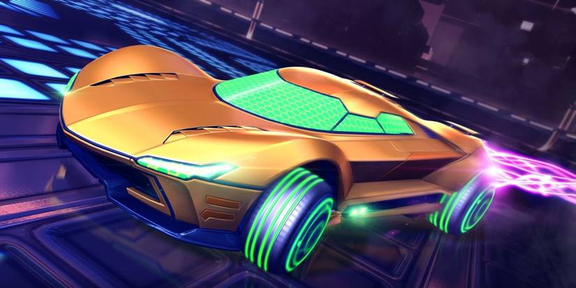 Rocket League Samus Gunship car speeding up close with electric trail