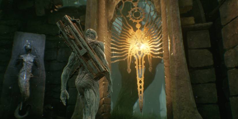 foundling with lute going to a runic gate