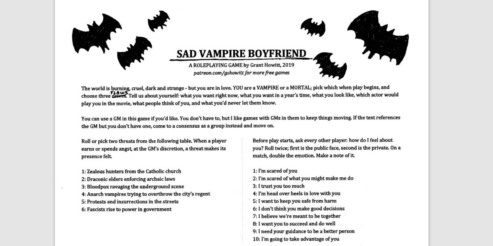Sad Vampire Boyfriend one-page RPG rules with doodles of bats