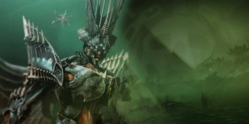 Savathun, the Witch Queen, stands in front of the black Pyramid that resides in her throne world in Destiny 2.