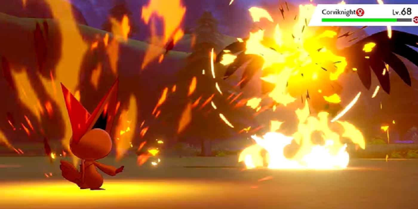 Searing Shot being used by Victini in Pokemon Sword and Shield