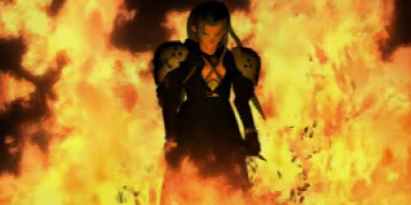Sephiroth surrounded by flames in Final Fantasy VII