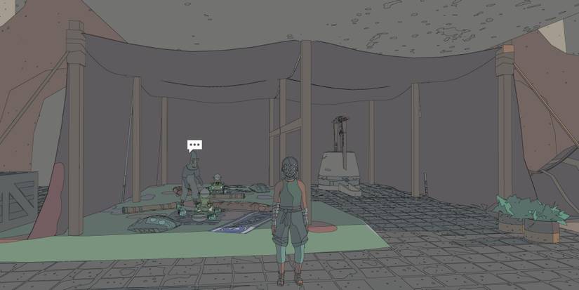 Sable in a mask with multiple eyes in front of a tent with an old man in it