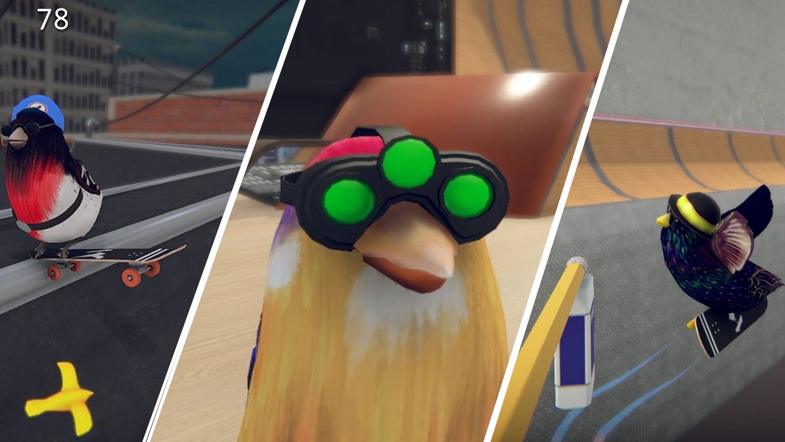 SkateBIRD birds pulling off different tricks