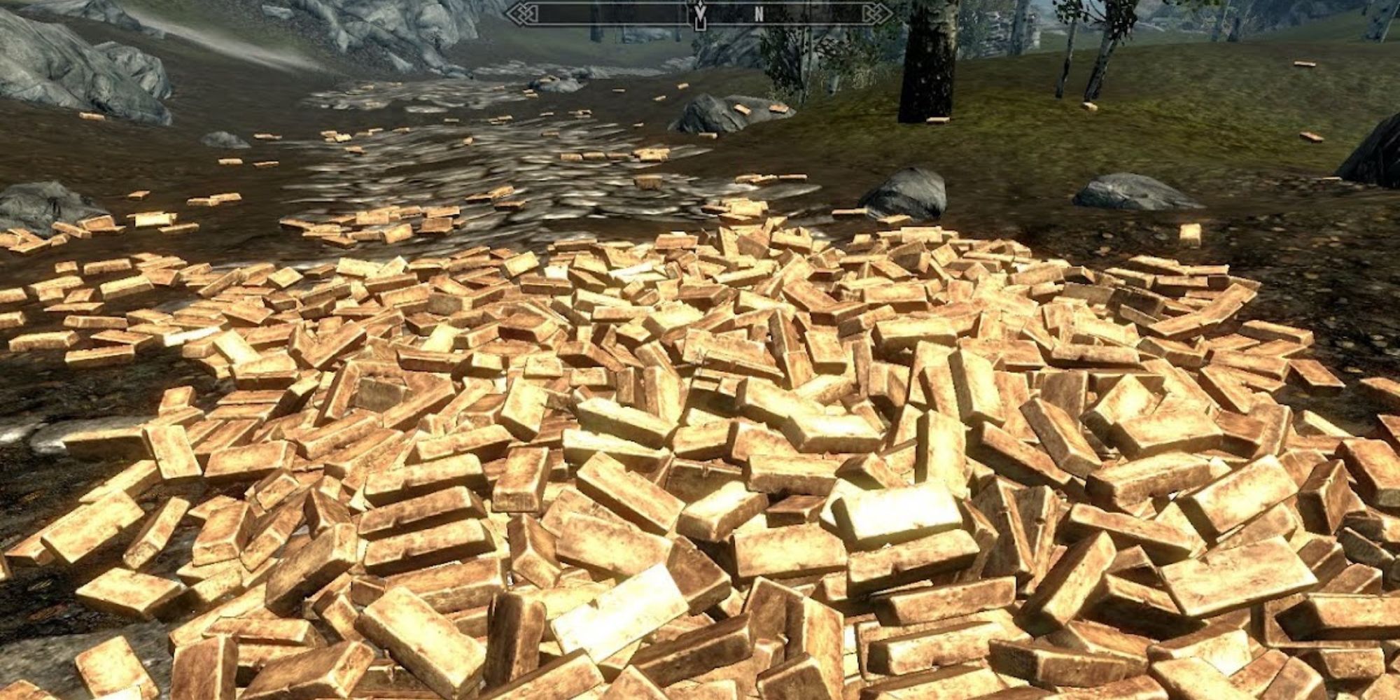 A pile of Gold Ingots on a road in Skyrim