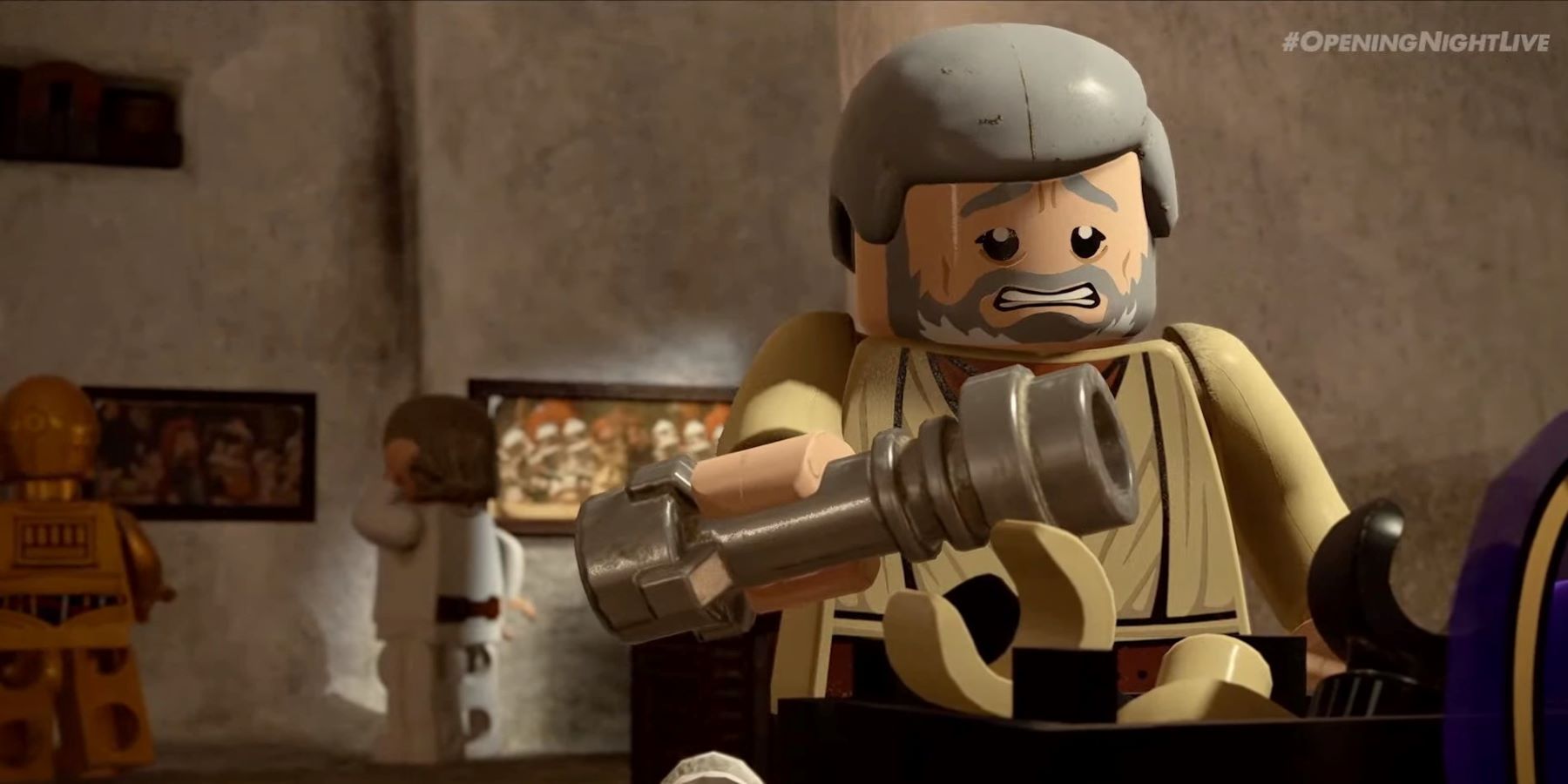 Obi-Wan Kenobi, Luke Skywalker, and C3PO at Kenobi's house in LEGO Star Wars: The Skywalker Saga